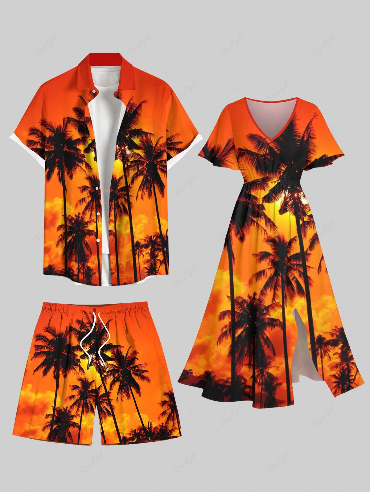 Hot Coconut Tree Ombre Dusk Print Plus Size Matching Hawaii Beach Outfit For Couples  