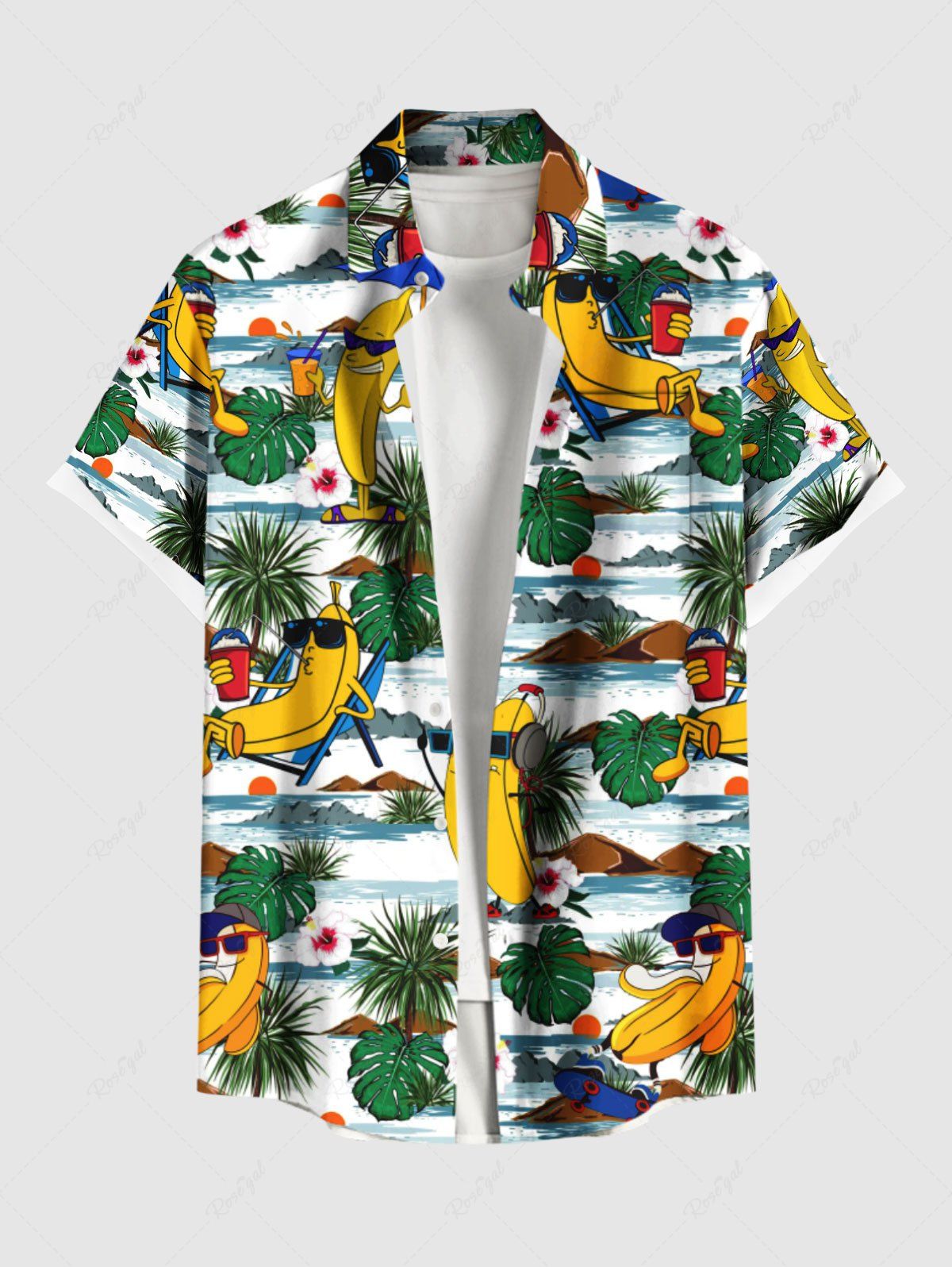 New Plus Size Banana Coconut Tree Tropical Leaf Print Buttons Pocket Hawaii Shirt For Men  