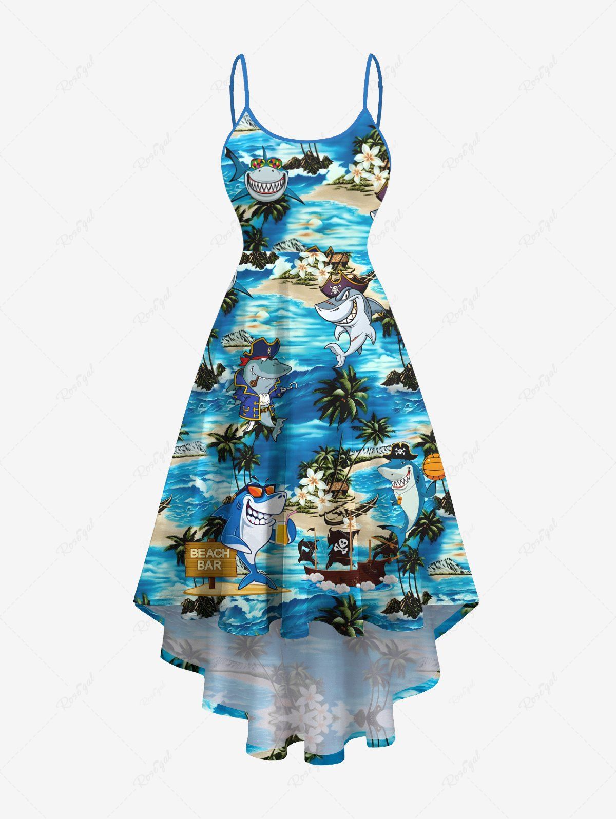 Shop Plus Size Sharks Sea Waves Ship Flowers Coconut Tree Print High Low Hawaii Cami Dress  