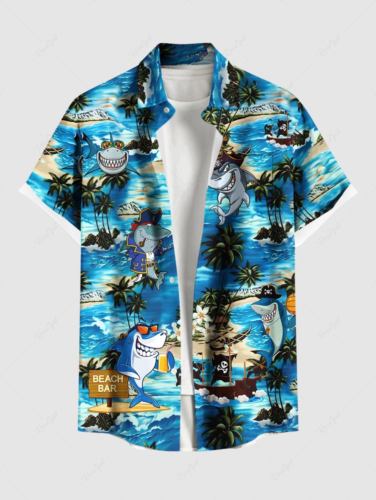 Hot Plus Size Sharks Sea Waves Ship Flowers Coconut Tree Print Buttons Pocket Hawaii Shirt For Men  