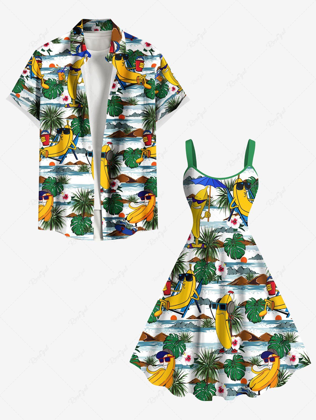 Best Banana Coconut Tree Tropical Leaf Print Plus Size Matching Hawaii Beach Outfit For Couples  