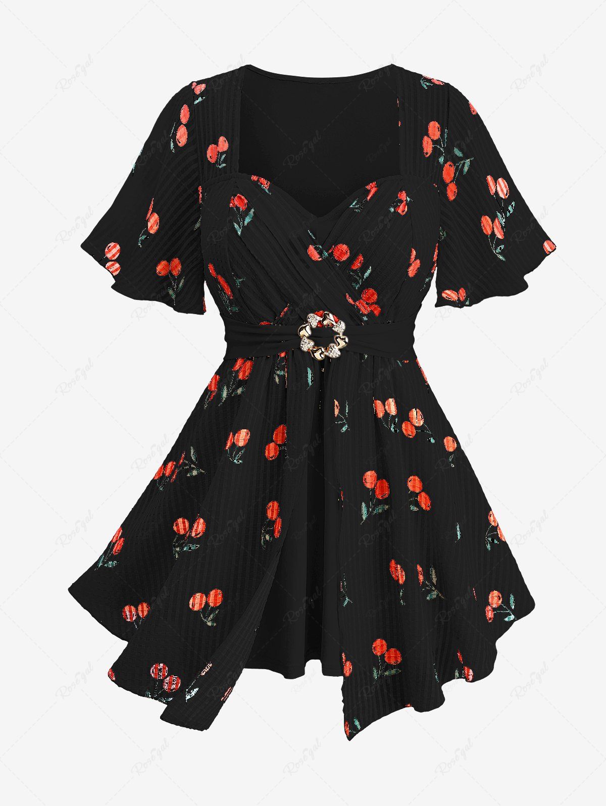 Shop Plus Size Cherry Fruit Waffle Plaid Print Buckle Crisscross Ruched Blouse  