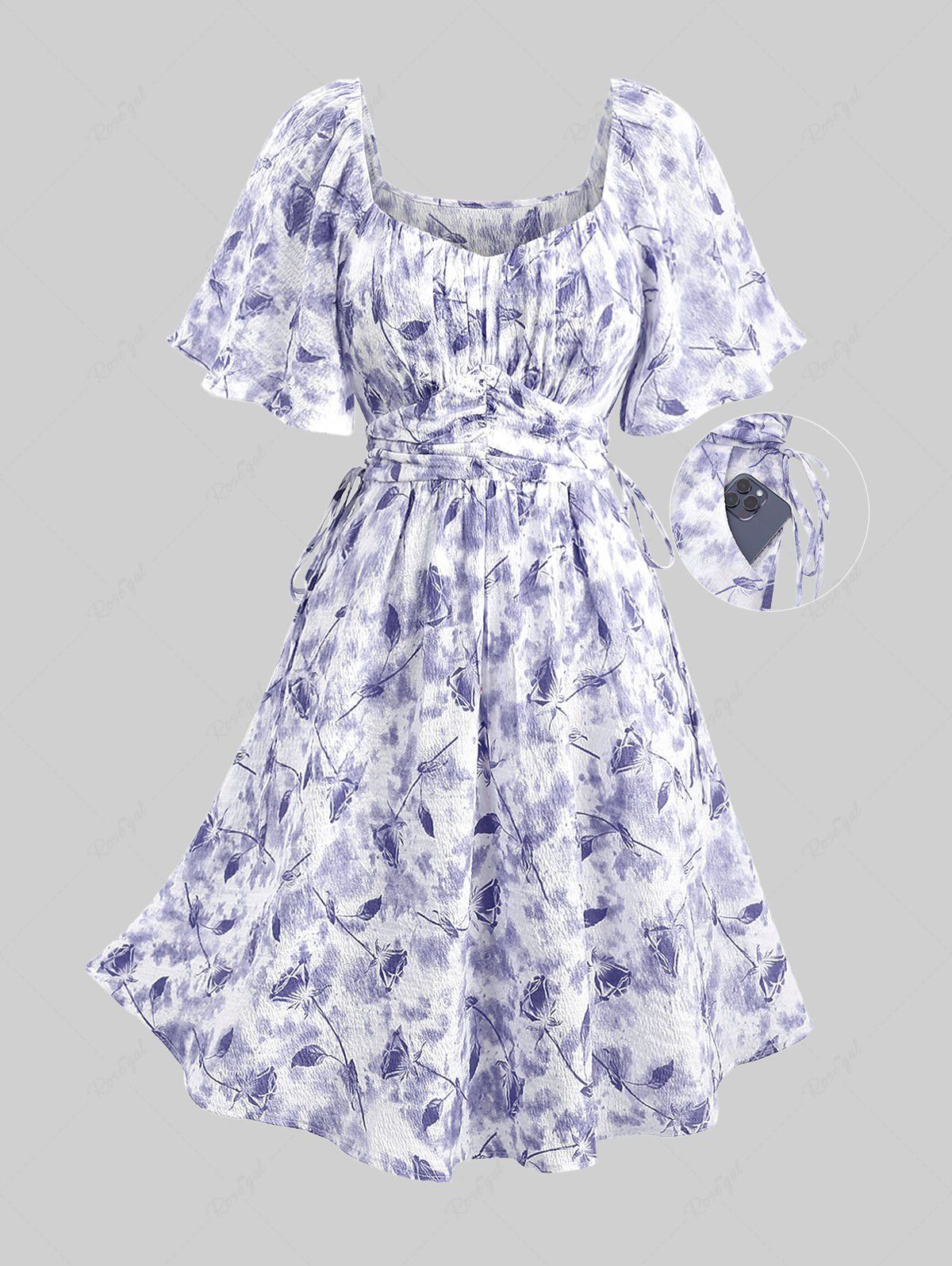 Fancy Plus Size Tie Dye Flowers Leaf Print Ruched Cinched Pockets Milkmaid Dress  