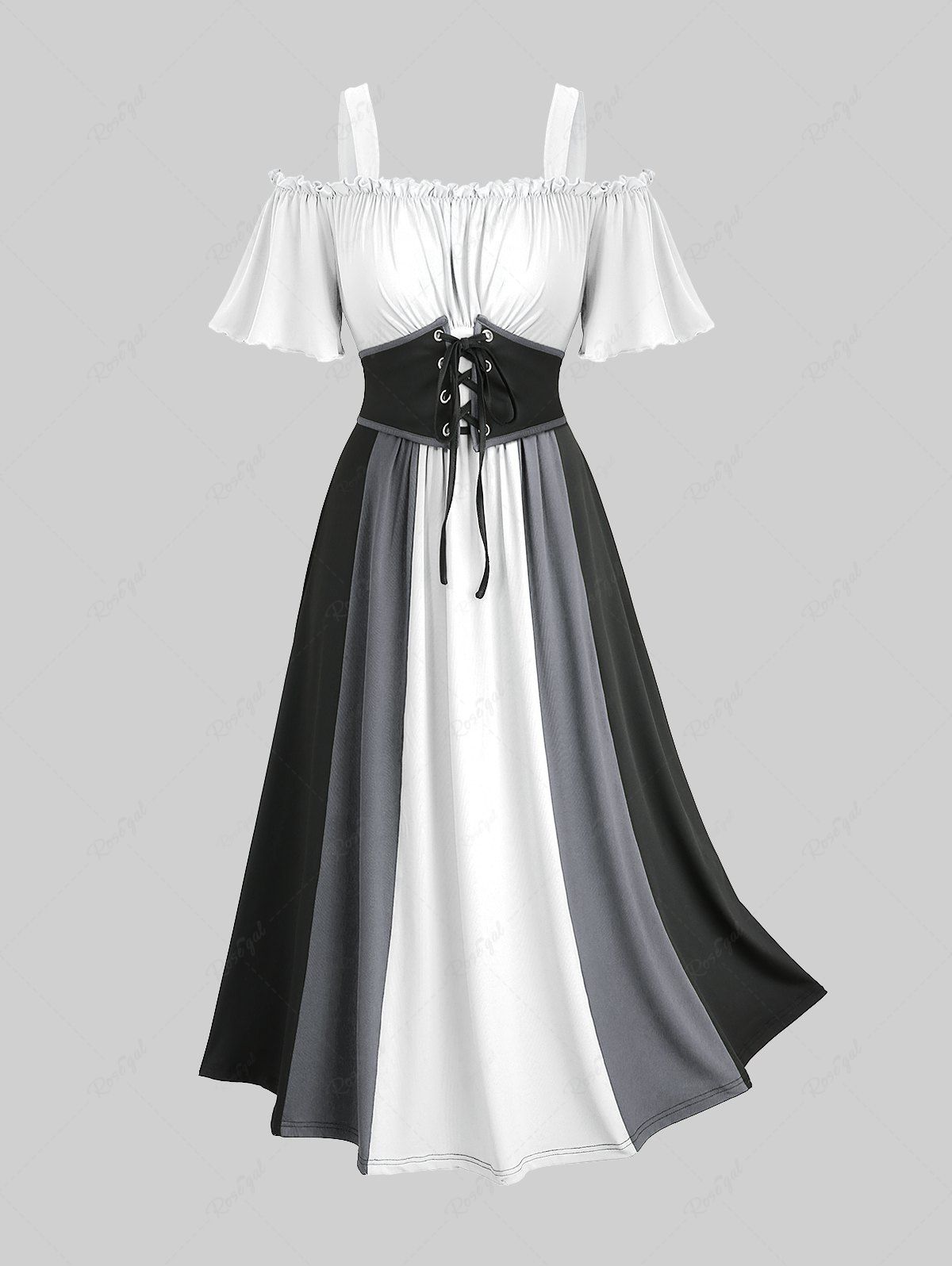 Robe trapèze style Renaissance médiévale grande taille, épaules dénudées, volants froncés, colorblock, lacets, ceinture, corset vintage Noir 1X | US 14-16
