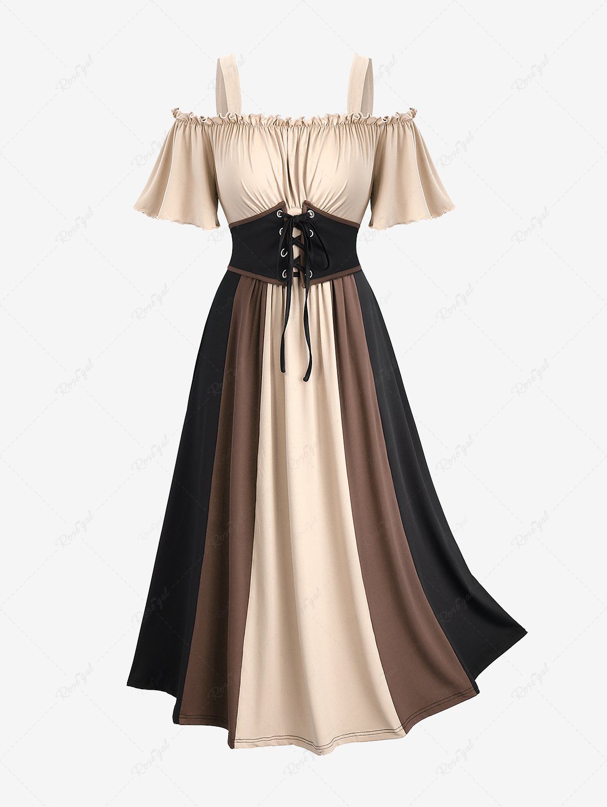 Chic Plus Size Cold Shoulder Ruched Ruffles Colorblock Patchwork Lace Up Belted Vintage Corset A Line Dress  
