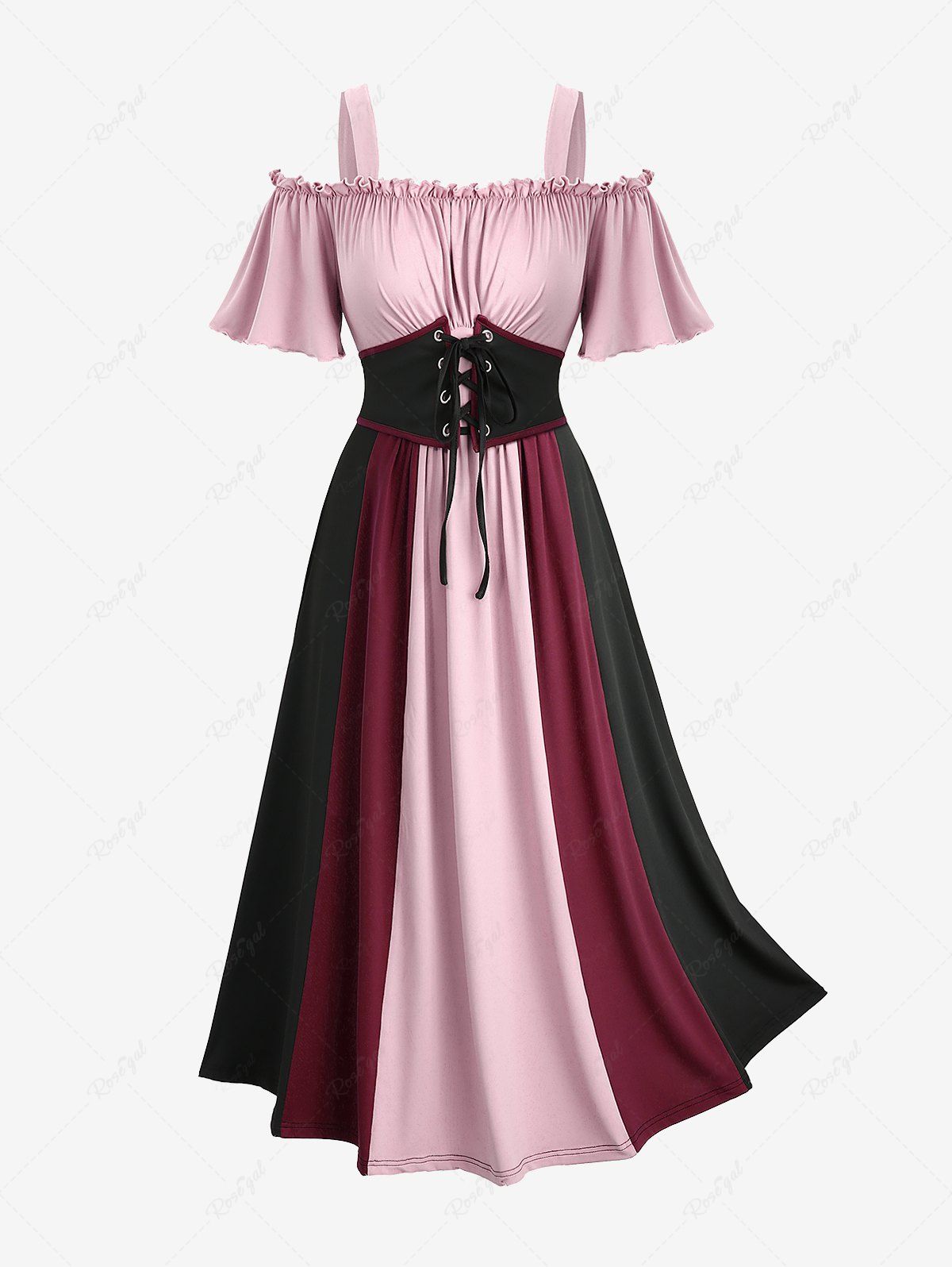 Best Plus Size Cold Shoulder Ruched Ruffles Colorblock Patchwork Lace Up Belted Vintage Corset A Line Dress  