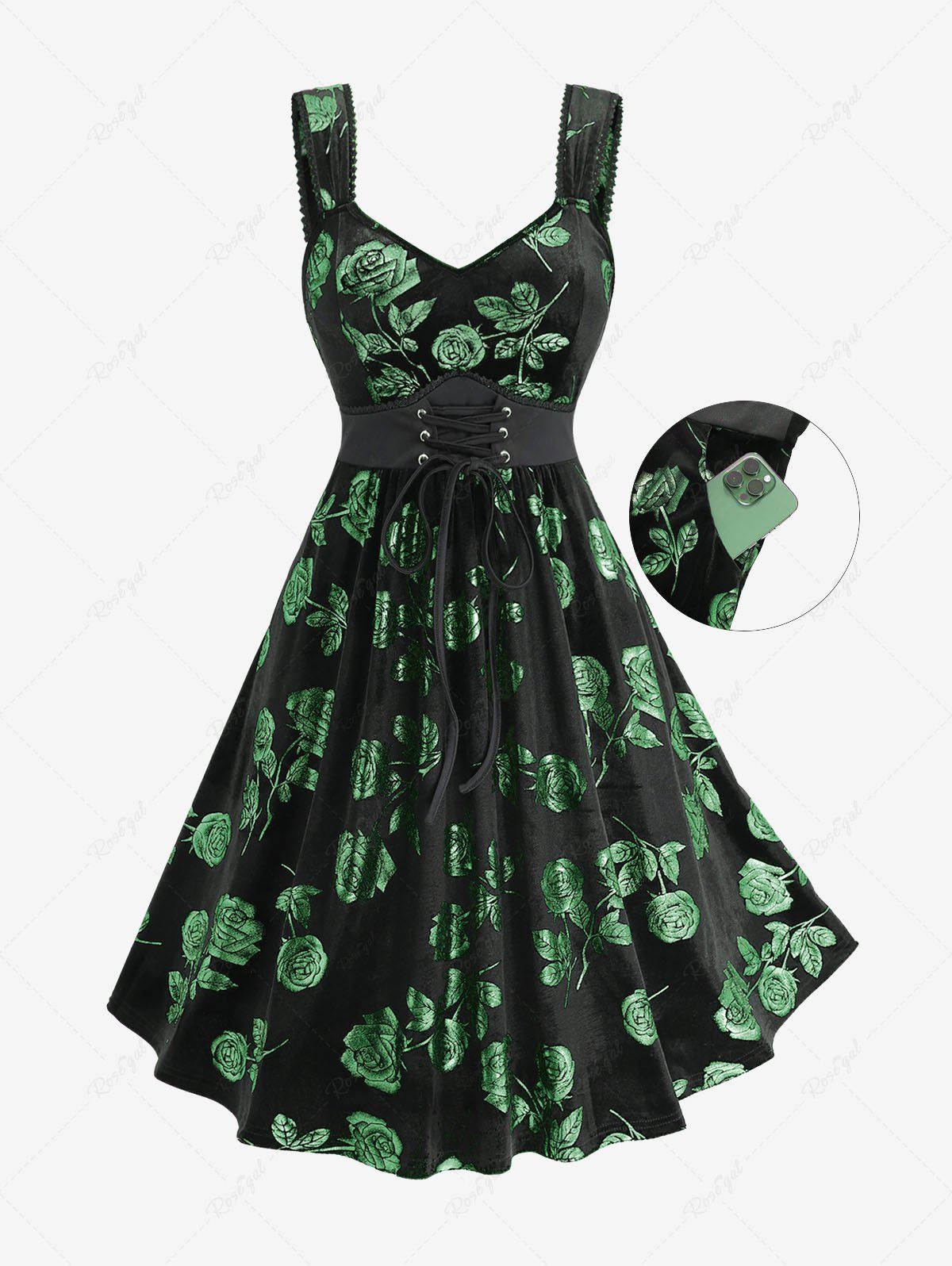 Fashion Plus Size Glitter Rose Flower Gilding Lace Up Pocket A Line Velvet Tank Cottagecore Dress  