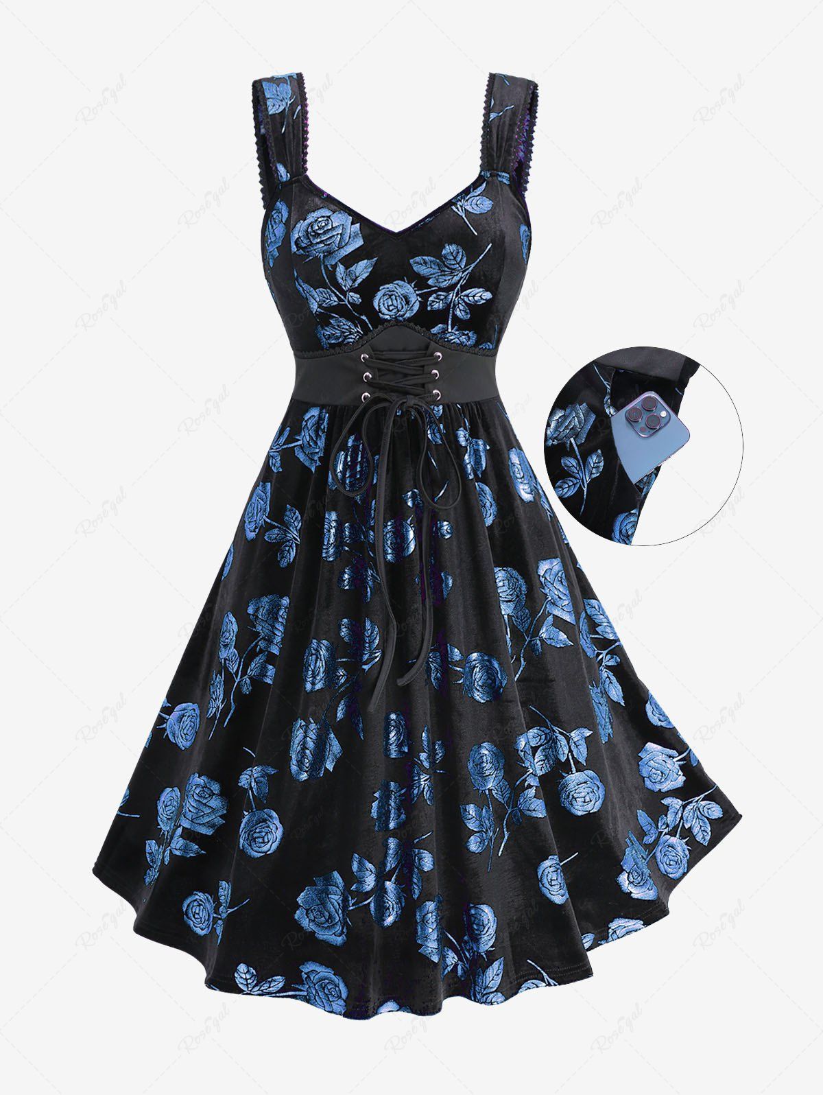 Outfits Plus Size Glitter Rose Flower Gilding Lace Up Pocket A Line Velvet Tank Cottagecore Dress  