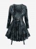 Rose Flower Flocking Tie Dye PU Strap Top and Scalloped Cross Zipper Lace-up Skirt Plus Size Outfit -  