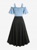 Plus Size Cold Shoulder Ruched Ruffles Colorblock Patchwork Lace Up Belted Vintage Corset A Line Dress -  