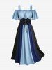 Plus Size Cold Shoulder Ruched Ruffles Colorblock Patchwork Lace Up Belted Vintage Corset A Line Dress -  