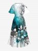 Robe Mi-Longue Hawaïen Fendue Fleur Feuille Imprimée en Blocs de Couleurs de Grande Taille - Vert 6X