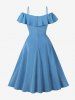 Solid Color Asymmetrical Turn Down Collar Zipper Cold Shoulder Vintage Dress -  