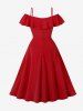 Solid Color Asymmetrical Turn Down Collar Zipper Cold Shoulder Vintage Dress -  