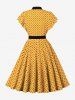 Polka Dot Print Buttons Tie Bowknot Flatter Sleeves Vintage Dress With Belt -  