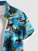 Plus Size Sharks Sea Waves Ship Flowers Coconut Tree Print Buttons Pocket Hawaii Shirt For Men -  