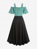 Plus Size Cold Shoulder Ruched Ruffles Colorblock Patchwork Lace Up Belted Vintage Corset A Line Dress -  