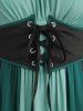 Plus Size Cold Shoulder Ruched Ruffles Colorblock Patchwork Lace Up Belted Vintage Corset A Line Dress -  