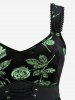 Robe trapèze en velours style cottagecore à lacets et fleurs roses pailletées, grande taille, avec poches - Vert profond 1X | US 14-16