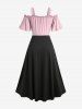 Plus Size Cold Shoulder Ruched Ruffles Colorblock Patchwork Lace Up Belted Vintage Corset A Line Dress -  