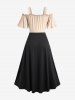 Plus Size Cold Shoulder Ruched Ruffles Colorblock Patchwork Lace Up Belted Vintage Corset A Line Dress -  