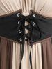 Plus Size Cold Shoulder Ruched Ruffles Colorblock Patchwork Lace Up Belted Vintage Corset A Line Dress -  