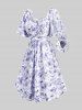 Plus Size Tie Dye Flowers Leaf Print Ruched Cinched Pockets Milkmaid Dress -  