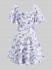 Plus Size Tie Dye Flowers Leaf Print Ruched Cinched Pockets Milkmaid Dress -  