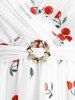 Plus Size Cherry Fruit Waffle Plaid Print Buckle Crisscross Ruched Blouse -  