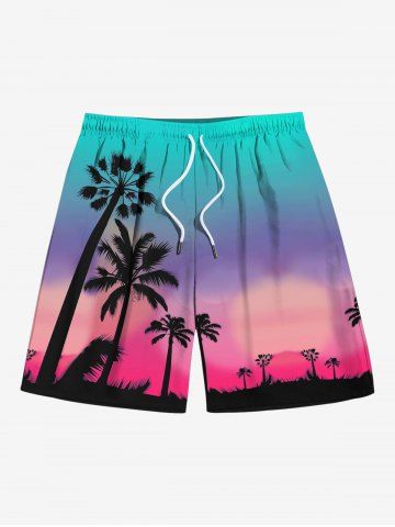 Plus Size Coconut Tree Ombre Sky Print Hawaii Drawstring Beach Shorts For Men - GREEN - 8XL