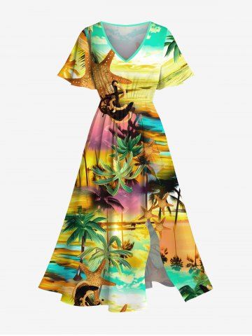 Plus Size Coconut Tree Sea Waves Beach Starfish Anchor Print Hawaii Cruise Split Pocket A Line Midi Dress - YELLOW - 1X