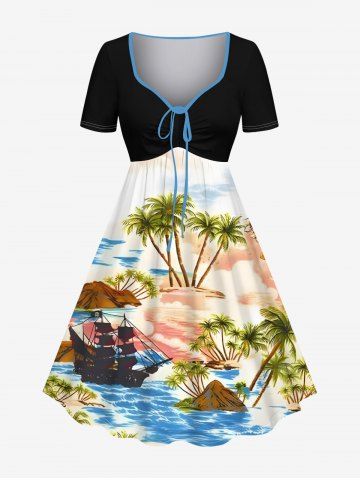 Plus Size Coconut Tree Sea Ship Ombre Cloud Print Hawaii Cruise Cinched A Line Dress - BLACK - 1X