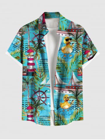 Plus Size Rudder Watchtower Ship Cool Duck Tropical Leaves Print Hawaii Ombre Cruise Shirt For Men - LIGHT GREEN - 3XL