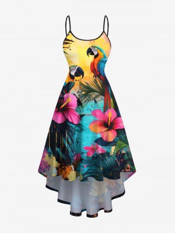 Plus Size Floral Parrot Tropical Leaves Sea Print Hawaii High Low Asymmetric Cami Dress - YELLOW - XS