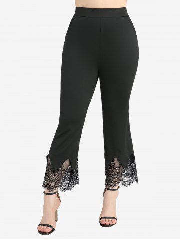 Floral Printed Lace-up Grommets Lace Trim Off The Shoulder Top and Scalloped Tassel Flare Pants Plus Size Outfit