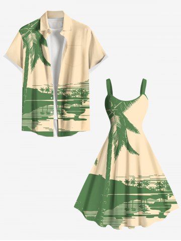 Coconut Tree Seascape Reflection Print Plus Size Matching Hawaii Beach Outfit For Couples - LIGHT COFFEE