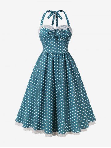 Polka Dots Print Floral Lace Trim Halter Bowknot Vintage Dress - BLUE - S