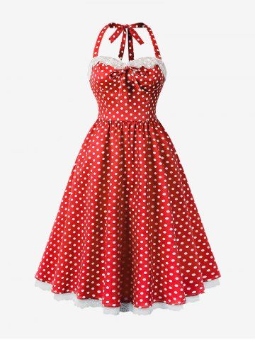 Polka Dots Print Floral Lace Trim Halter Bowknot Vintage Dress - RED - S