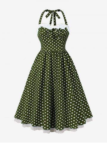 Polka Dots Print Floral Lace Trim Halter Bowknot Vintage Dress - GREEN - S