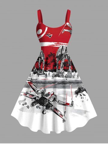 Plus Size Coconut Tree Sun Fighter Print Hawaii Tank Dress - RED - XS