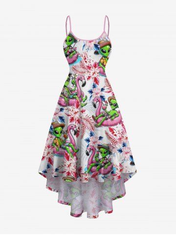 Plus Size Flamingo Alien Tropical Leaf Flower Print High Low Hawaii Cami Dress - RED - 1X
