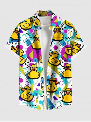 Plus Size Sungalsses Rock Ducks Geometric Pattern Print Buttons Pocket Hawaii Shirt For Men - WHITE - L