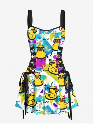 Sunglasses Rock Ducks Print Lace Up Hawaii Tank Dress - WHITE - XL