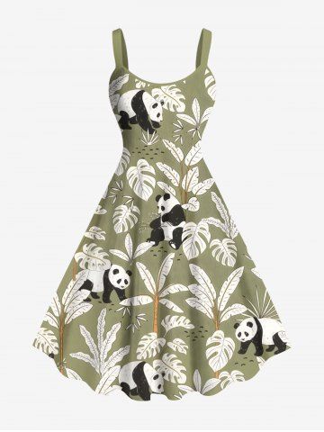 Plus Size Coconut Tree Tropical Leaves Panda Print Hawaii A Line Tank Dress