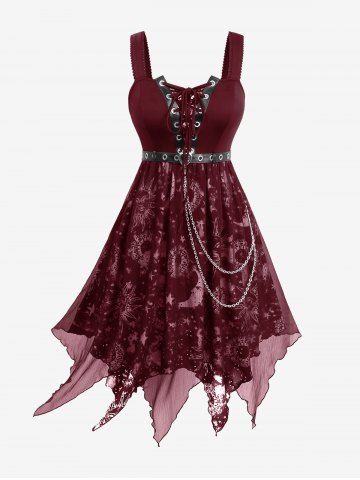 Gothic Plus Size Tie Dye Sun Star Moon Print Grommets Lace Up Sheer Mesh Layered Asymmetrical Tank Dress With Belt and Chain - DEEP RED - 1X | US 14-16