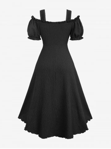 Plus Size Medieval Renaissance Lace Up Ruffles Ruched Cinched High Low Crepe Midi Dress