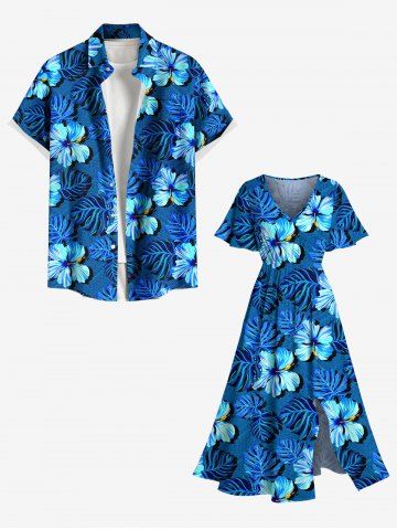 Tropical Leaf Hibiscus Flower Print Plus Size Matching Hawaii Beach Outfit For Couples