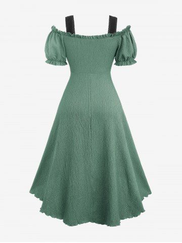 Plus Size Medieval Renaissance Lace Up Ruffles Ruched Cinched High Low Crepe Midi Dress