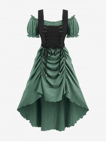 Plus Size Medieval Renaissance Lace Up Ruffles Ruched Cinched High Low Crepe Midi Dress