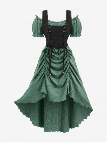 Plus Size Medieval Renaissance Lace Up Ruffles Ruched Cinched High Low Crepe Midi Dress - GREEN - 5X | US 30-32